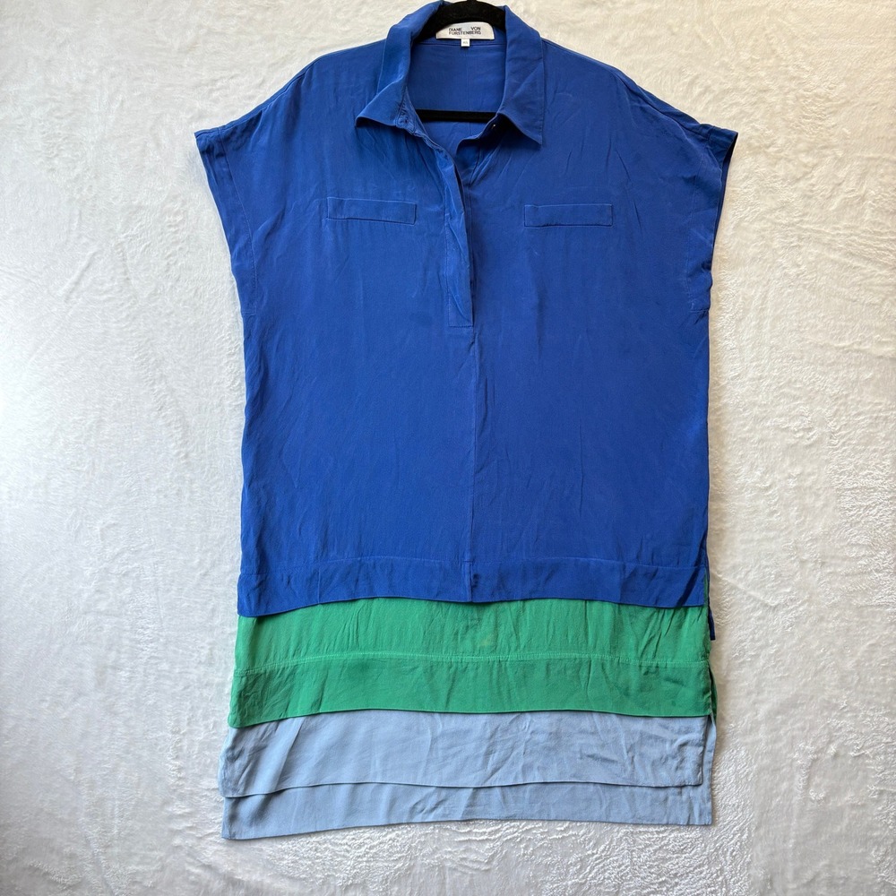 Diane von Furstenberg Dress Women M/L Blue Green Colorblock 100% Silk Pockets‎